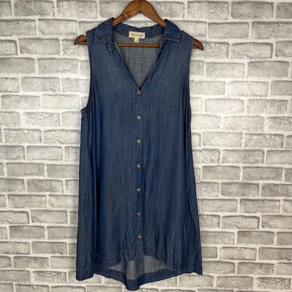 Anthropologie Cloth & Stone Denim Blue Midi Dress Small Sleeveless Full Button